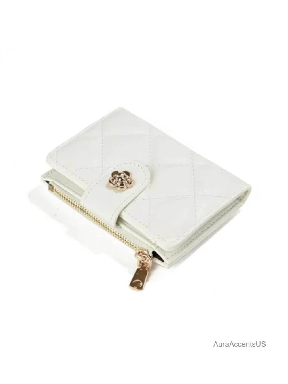 Small Faux Leather Quilted Floral Snap Wallet with Card Slots & Coin Zip Pouch
